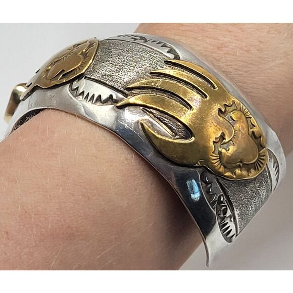 12K GF Native American Turquoise Bear Paw Sterling Bracelet Bangle 38g 2.5in dia - Picture 2 of 5